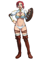 Rule 34 | 1girl, b suke, bikini, blue eyes, boots, boudica (fate), brown footwear, elbow pads, fate/grand order, fate (series), full body, gold trim, highres, holding, holding shield, knee boots, looking at viewer, navel, open mouth, red hair, shield, short ponytail, shrug (clothing), simple background, smile, solo, swimsuit, teeth, thigh strap, upper teeth only, white background, white bikini, white shrug