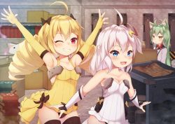 Rule 34 | 3girls, :d, ahoge, akashi (azur lane), animal ear fluff, animal ears, armpits, arms up, azur lane, bad id, bad pixiv id, bare shoulders, bell, black bow, black legwear, black panties, blonde hair, blue eyes, blueprint (object), blush, bow, breasts, brown eyes, cat ears, cleavage, commentary request, dress, drill hair, elbow gloves, fingerless gloves, gloves, green hair, grin, hair between eyes, hair bow, halterneck, highres, hitodama, jingle bell, ketsujou nora, long hair, medium breasts, multiple girls, one eye closed, open mouth, outstretched arms, panties, prototype bulin mkii (azur lane), red eyes, revision, short dress, silver hair, smile, strapless, strapless dress, striped clothes, striped dress, thighhighs, twin drills, twintails, underwear, universal bulin (azur lane), vertical-striped clothes, vertical-striped dress, very long hair, white dress, white gloves, yellow dress, yellow gloves