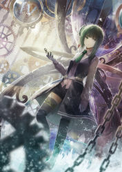 Rule 34 | 1girl, angel31424, black thighhighs, blunt bangs, bow, chain, eyebrows, full body, gears, gloves, green eyes, green hair, hair bow, holding, hourglass, long hair, long sleeves, matching hair/eyes, necktie, original, pocket watch, shorts, signature, solo, thighhighs, thighlet, watch, white gloves