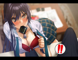 Rule 34 | !, !!, 1girl, black bean, black hair, black pants, blurry, blurry background, blush, bra, breasts, cleavage, collared shirt, commentary request, condom, condom in mouth, condom wrapper, dog tags, dress shirt, from above, green neckwear, hair between eyes, hand on another&#039;s leg, heart, high ponytail, highres, idolmaster, idolmaster shiny colors, indoors, large breasts, loose necktie, miniskirt, mouth hold, necktie, open clothes, open shirt, pants, papers, plaid, plaid skirt, pleated skirt, ponytail, pov, red bra, school uniform, shirase sakuya, shirt, sidelocks, sitting, skirt, sleeves rolled up, smile, speech bubble, sweat, table, thighs, underwear, watch, yellow eyes