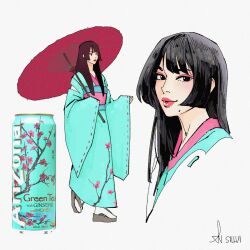 Rule 34 | 1girl, absurdres, arizona (drink), black hair, blue kimono, can, commentary, english commentary, floral print, floral print kimono, full body, geta, highres, hime cut, holding, holding umbrella, japanese clothes, kimono, looking at viewer, looking to the side, multiple views, obi, okobo, original, personification, product placement, sandals, sash, signature, sillvi, simple background, umbrella, walking, white background