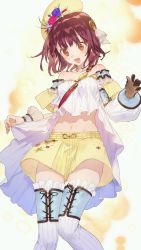 Rule 34 | 1girl, :d, atelier (series), atelier sophie, bare shoulders, blush, brown eyes, brown hair, collarbone, dress, female focus, flower, game cg, gloves, hat, highres, jewelry, navel, necklace, noco (adamas), official art, open mouth, short hair, single glove, smile, solo, sophie neuenmuller, thighhighs, wrist cuffs