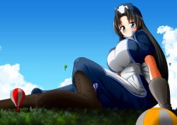 Rule 34 | 1girl, absurdres, aircraft, black hair, blue eyes, boots, breasts, cloud, day, dress, eliza (yunzo), giant, giantess, gigantic breasts, gloves, hat, highres, hot air balloon, mgear, moralgear, original, sky, smile, third-party edit