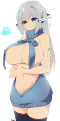 Rule 34 | 1girl, 3:, absurdres, android, artist name, backless dress, backless outfit, black thighhighs, blue eyes, blush, breasts, character name, closed mouth, covered erect nipples, cowboy shot, dangan neko, dress, grey hair, hair between eyes, halterneck, headgear, highres, large breasts, long hair, looking down, meme attire, naked sweater, navel, original, own hands together, ribbed sweater, russia (dangan neko), signature, simple background, solo, sweater, sweater dress, symbol-shaped pupils, thighhighs, tsurime, turtleneck, turtleneck sweater, twitter username, virgin killer sweater, wardrobe error