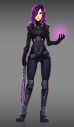 Rule 34 | 1girl, absurdres, armor, belt, black gloves, breasts, chain, closed mouth, d-rex, female focus, full body, gloves, gradient background, green eyes, grey background, hair over one eye, high collar, highres, lips, long hair, looking at viewer, medium breasts, original, purple hair, reflective floor, shoulder armor, simple background, solo, standing, wrist guards
