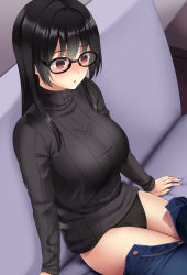 Rule 34 | 1girl, absurdres, arm support, arms at sides, black-framed eyewear, black hair, black panties, black sweater, blush, bralines, breasts, clothes pull, couch, denim, feet out of frame, glasses, highres, huyumitsu, indoors, jeans, large breasts, long hair, long sleeves, on couch, open fly, original, panties, pants, pants pull, parted lips, photoshop (medium), red eyes, ribbed sweater, sitting, solo, straight hair, surprised, sweater, taut sweater, textless version, thighs, turtleneck, turtleneck sweater, underwear