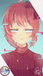 Rule 34 | 1girl, absurdres, artist name, blue eyes, bow, chromatic aberration, closed mouth, commentary, copyright name, doki doki literature club, english commentary, frown, glitch, hair bow, half-closed eyes, highres, huge filesize, logo, moriartea-chan, noose, ribbed sweater, sayori (doki doki literature club), short hair, solo, spoilers, suicide, sweater, tears, turtleneck, upper body