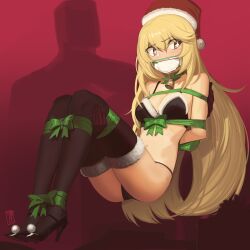 Rule 34 | 1girl, agaku no mental out, arms behind back, artist name, bell, bikini, black bikini, black footwear, black thighhighs, blonde hair, bound, bound ankles, bound arms, bound legs, breasts, brown eyes, cad (caddo), carrying, carrying person, choker, christmas, cloth gag, fur-trimmed bikini, fur-trimmed headwear, fur-trimmed legwear, fur trim, gag, gagged, green choker, green ribbon, hat, high heels, highres, improvised gag, jingle bell, large breasts, long hair, looking to the side, navel, neck bell, over the nose gag, princess carry, red background, red headwear, restrained, ribbon, ribbon bondage, santa bikini, santa hat, shadow, shokuhou misaki, solo focus, star-shaped pupils, star (symbol), sweatdrop, swimsuit, symbol-shaped pupils, thighhighs, toaru kagaku no railgun, toaru majutsu no index