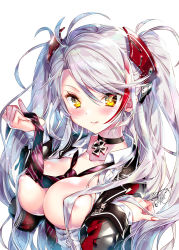 Rule 34 | 1girl, :q, azur lane, blush, breasts, breasts out, brown eyes, choker, collarbone, collared shirt, hair between eyes, hair over breasts, hand up, headgear, holding neckwear, jacket, kamiya maneki, large breasts, light particles, long hair, long sleeves, looking at viewer, multicolored hair, open clothes, open jacket, open shirt, prinz eugen (azur lane), red hair, shirt, sidelocks, silver hair, simple background, smile, solo, streaked hair, tongue, tongue out, two side up, very long hair, white background, white shirt