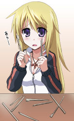 Rule 34 | 10s, 1girl, blonde hair, breasts, c.r., charlotte dunois, chopsticks, cleavage, female focus, gradient background, infinite stratos, jersey, jewelry, long hair, open mouth, pendant, purple eyes, solo