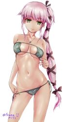 Rule 34 | 10s, 1girl, artist name, bad id, bad pixiv id, bikini, bikini pull, breasts, clothes pull, contrapposto, covered erect nipples, eyepatch bikini, franz (217franz), gluteal fold, green bikini, green eyes, hair ribbon, highres, jewelry, kantai collection, long hair, looking at viewer, medium breasts, navel, necklace, pink hair, ribbon, ring, shiny skin, side-tie bikini bottom, side ponytail, simple background, smile, solo, standing, strapless, strapless bikini, swimsuit, tan, tanline, twitter username, very long hair, wedding band, white background, yura (kancolle)