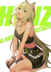 Rule 34 | 1girl, absurdres, animal ear fluff, animal ears, arknights, asymmetrical legwear, choker, commentary request, eyes visible through hair, green eyes, hair ornament, hairclip, hands on own knees, head back, henz, highres, jewelry, kal&#039;tsit (arknights), kneeling, long hair, looking at viewer, miniskirt, open mouth, ribbon, ring, simple background, skirt, solo, spaghetti strap, tank top, thighhighs, uneven legwear, watch, white background, white hair, wrist ribbon