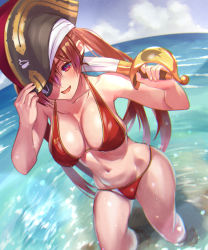 Rule 34 | 1girl, absurdres, bikini, black hat, blush, breasts, fang, hat, highres, holding, holding sword, holding weapon, hololive, houshou marine, houshou marine (summer), large breasts, long hair, looking at viewer, navel, open mouth, otk, pirate hat, red bikini, red eyes, red hair, skin fang, solo focus, sweat, swimsuit, sword, twintails, virtual youtuber, weapon