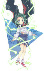 Rule 34 | 1girl, aqua eyes, bare legs, blouse, blue eyes, cape, copyright name, electricity, full body, green hair, highres, imperishable night, light particles, lightning bolt symbol, looking at viewer, open mouth, pants, shirt, shoes, solo, suichuu hanabi, touhou, triangle, white shirt, white shirt, wriggle nightbug