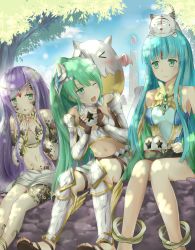Rule 34 | &gt; &lt;, 3girls, animal, animal on head, anklet, aqua eyes, aqua hair, armor, artemis (p&amp;d), bad id, bad pixiv id, bare shoulders, barefoot, dappled sunlight, closed eyes, food, gaia (p&amp;d), gauntlets, greaves, green eyes, green hair, highres, jewelry, long hair, lots of jewelry, multiple girls, navel, on head, one eye closed, onigiri, open mouth, parvati (p&amp;d), ponytail, purple hair, puzzle &amp; dragons, sandals, sunlight, tailam, tamadra, tiger, wink