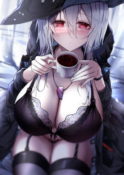 Rule 34 | 1girl, absurdres, arknights, blush, bra, breasts, cleavage, cup, female pubic hair, front-tie top, garter straps, hair between eyes, hat, heart, heart-shaped pupils, highres, holding, holding cup, hood, hooded jacket, huge breasts, jacket, jewelry, kokihanada, lingerie, long hair, looking at viewer, necklace, no panties, pubic hair, red eyes, skadi (arknights), solo, symbol-shaped pupils, thigh gap, thighhighs, thighs, underwear