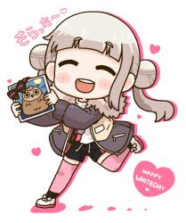 Rule 34 | 1girl, arashi chisato, artist name, artist request, bag, black jacket, black shorts, blush, bow, breasts, brown bow, check translation, chibi, closed eyes, commentary request, cross-laced footwear, double bun, drawing (object), drawstring, female focus, full body, fur-trimmed jacket, fur trim, hair bun, heart, holding, holding pickaxe, hood, hooded jacket, jacket, long hair, long sleeves, looking at viewer, love live!, love live! school idol festival, love live! superstar!!, manmaru (love live!), parted lips, pickaxe, pink legwear, shirt, shoes, short shorts, shorts, shoulder bag, smile, sneakers, solo, standing, standing on one leg, translated, translation request, twintails, valentine, white background, white footwear, white hair, white shirt
