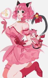 Rule 34 | 2girls, animal ears, bad id, bad twitter id, bell, black eyes, blunt bangs, boots, choker, commentary request, dress, drill hair, eyelashes, frills, gloves, joman, jumping, korean commentary, looking at viewer, momomiya ichigo, multiple girls, one piece, perona, pink choker, pink dress, pink hair, profile, red footwear, red gloves, simple background, smile, strapless, strapless dress, tail, tokyo mew mew, white background
