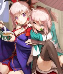 Rule 34 | 2girls, asymmetrical hair, bare shoulders, black legwear, breasts, chopsticks, cleavage, commentary request, cup ramen, dango, detached collar, donbee (food), donbei kitsune udon, earrings, eating, eyebrows, eyes visible through hair, fate/grand order, fate (series), food, food in mouth, hair ornament, hair ribbon, highres, japanese clothes, jewelry, kimono, koha-ace, large breasts, lips, long hair, long sleeves, magatama, medium breasts, miyamoto musashi (fate), miyamoto musashi (third ascension) (fate), multiple girls, nissin donbei, noodles, okita souji (fate), okita souji (koha-ace), panties, pink hair, ponytail, purple eyes, ribbon, shinsengumi, short hair, short kimono, sitting, sue sgr u, thighhighs, thighs, udon, underwear, wagashi, white panties