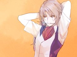 10s 1boy adjusting_hair brown_eyes brown_hair hair_ornament hairpin long_hair male_focus minashiro_soushi mouth_hold orange_background shukufuku_(plus_hue) solo soukyuu_no_fafner uniform