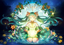 Rule 34 | 1girl, absurdres, aqua hair, aries (constellation), cancer (constellation), choker, collarbone, detached sleeves, floating hair, flower, full body, green eyes, hair between eyes, hatsune miku, highres, kneeling, lily (flower), long hair, natsume ziana, night, outdoors, parted lips, scorpius (constellation), sky, solo, star (sky), starry sky, twintails, very long hair, virgo (constellation), vocaloid, yellow flower, zodiac