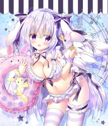 Rule 34 | 1girl, animal ears, bikini, bikini skirt, black bow, blush, bow, breasts, bridal garter, cleavage, commentary request, cowboy shot, detached collar, detached sleeves, feathered wings, food, frilled bikini, frills, front-tie bikini top, front-tie top, hair bow, holding, ice cream, ice cream cone, innertube, large breasts, leaning forward, light purple hair, long hair, looking at viewer, magic circle, navel, open mouth, original, pinky out, plaid, plaid bikini, puffy detached sleeves, puffy sleeves, purple bikini, purple eyes, purple hair, rabbit ears, rabbit tail, solo, sparkle, standing, star (symbol), striped clothes, striped thighhighs, stuffed animal, stuffed rabbit, stuffed toy, swim ring, swimsuit, tail, tenshi china, thighhighs, very long hair, white wings, wings, wrist cuffs
