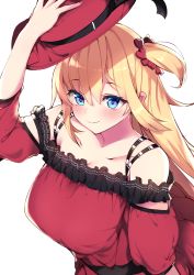 Rule 34 | 1girl, akai haato, blonde hair, blue eyes, blush, breasts, closed mouth, collarbone, commentary, detached sleeves, dress, from above, hair ornament, haruyuki (yukichasoba), hat, heart, heart hair ornament, highres, hololive, large breasts, long hair, looking at viewer, nail polish, one side up, puffy short sleeves, puffy sleeves, red dress, red hat, short sleeves, simple background, smile, solo, upper body, virtual youtuber