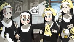 Rule 34 | 5girls, animal hat, bird, blonde hair, blue eyes, brown eyes, brown hair, chicken, clumsy nun (diva), commentary, diva (hyxpk), duck, duck hood, duckling, english commentary, finger to cheek, flag, flower, froggy nun (diva), frown, glasses, glasses nun (diva), goose, habit, hair flower, hair ornament, hairclip, hand on own hip, hanging plant, hat, hedgehog, highres, holding, holding clothes, holding hat, holding sign, hungry nun (diva), knit hat, little nuns (diva), mole, mole under eye, mouth hold, multiple girls, nun, ostrich, outstretched arm, pointing, pointing at self, poster (object), quill, red eyes, red hair, rejection, sign, smile, snow, strict nun (diva), surprised, sweatdrop, traditional nun, tree, triangle mouth, wavy mouth, window, yellow hat