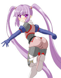 Rule 34 | 1girl, artist request, ass, blush, bodysuit, boots, elbow gloves, flat chest, from behind, gloves, hair tubes, long hair, looking back, purple eyes, purple hair, solo, sophie (tales), tales of (series), tales of graces, twintails, very long hair
