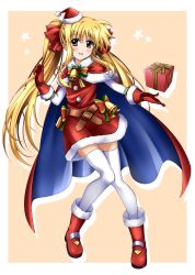 Rule 34 | 1girl, absurdres, bell, belt, black cape, blonde hair, blush stickers, boots, border, bow, bowtie, brown belt, cape, capelet, christmas, commentary, dress, fate testarossa, full body, fur-trimmed capelet, fur-trimmed dress, fur trim, gift, gloves, hair ribbon, hat, highres, holding, holding gift, long hair, long sleeves, looking at viewer, lyrical nanoha, mahou shoujo lyrical nanoha, neck bell, open mouth, orange background, outside border, red capelet, red dress, red eyes, red footwear, red gloves, red ribbon, ribbon, santa boots, santa dress, santa gloves, santa hat, silhouette, smile, solo, standing, standing on one leg, thighhighs, twintails, two-sided cape, two-sided fabric, very long hair, white border, white thighhighs, yorousa (yoroiusagi)