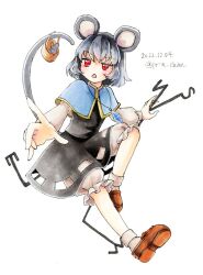 Rule 34 | 1girl, animal ears, basket, bloomers, blush, brown footwear, commentary request, crystal, dated, dowsing rod, flat chest, full body, grey hair, grey skirt, grey vest, holding, jewelry, long sleeves, looking at viewer, mouse (animal), mouse ears, mouse girl, mouse tail, nazrin, one-hour drawing challenge, open mouth, pendant, pointing, pointing at viewer, proton, red eyes, shirt, shoes, short hair, simple background, skirt, skirt set, socks, solo, tail, touhou, twitter username, underwear, vest, white background, white bloomers, white shirt, white socks