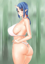 Rule 34 | 1girl, ass, bare shoulders, blue hair, breasts, brown eyes, cowboy shot, fundoshi, highres, horns, huge breasts, japanese clothes, long hair, looking at viewer, looking back, obmas, oni, original, pointy ears, ponytail, sideboob, single horn, solo