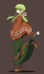 Rule 34 | 1girl, alternate costume, alternate hairstyle, boots, braid, brown background, brown capelet, brown footwear, c.c., capelet, closed mouth, code geass, commentary request, creayus, fringe trim, from side, full body, green hair, green skirt, hair ribbon, hair rings, highres, long hair, long skirt, looking at viewer, ponytail, ribbon, side braid, sidelocks, simple background, skirt, solo, standing, standing on one leg, white ribbon, yellow eyes