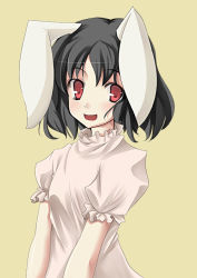 Rule 34 | 1girl, :d, animal ears, black hair, female focus, inaba tewi, looking at viewer, nakamura kusata, open mouth, rabbit ears, red eyes, short hair, smile, solo, touhou, upper body, yellow background