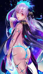 Rule 34 | 1girl, absurdres, ass, back, bare shoulders, blue fire, blue hair, blush, body markings, bracelet, breasts, earrings, fate/grand order, fate (series), fire, flower, hair flower, hair ornament, hair ribbon, highres, jewelry, kama (fate), kama (swimsuit avenger) (fate), kama (swimsuit avenger) (third ascension) (fate), klash, large breasts, long hair, looking at viewer, looking back, lotus, multicolored hair, nail polish, night, night sky, red eyes, revealing clothes, ribbon, silver hair, sky, smile, solo, star (sky), star (symbol), star earrings, starry sky, thighs, tongue, tongue out, two-tone hair