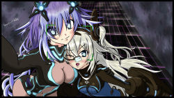 Rule 34 | 10s, 2girls, arched back, artist name, ass, bad anatomy, black gloves, black heart (neptunia), blue eyes, blush, bodysuit, breasts, emblem, gauntlets, gloves, hair between eyes, hand on shoulder, head-mounted display, head on chest, headgear, long hair, multiple girls, neon trim, neptune (neptunia), neptune (series), next black, next form, next purple, noire (neptunia), one eye closed, open mouth, outstretched arm, poorly drawn, power symbol, power symbol-shaped pupils, purple hair, purple heart (neptunia), scouter, selfie, skin tight, smile, symbol-shaped pupils, turtleneck, twintails, two side up, very long hair, visor, white hair, yuri