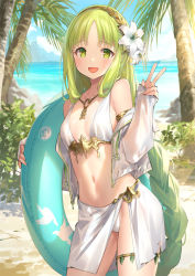 Rule 34 | 1girl, :d, afk arena, anklet, bare shoulders, beach, bikini, braid, breasts, cowboy shot, day, flower, green eyes, green hair, hair flower, hair ornament, innertube, jacket, jewelry, leg ribbon, long hair, looking at viewer, medium breasts, navel, off shoulder, official art, open clothes, open jacket, open mouth, outdoors, parted bangs, popqn, ribbon, side slit, single braid, skirt, smile, solo, stomach, swim ring, swimsuit, thigh ribbon, very long hair, white bikini, white jacket, white skirt