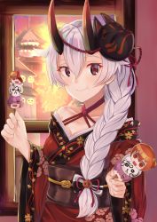 Rule 34 | 1girl, blush, braid, breasts, building, eating, fate/grand order, fate (series), food, fox mask, hair between eyes, hair over shoulder, hair ribbon, halloween, highres, holding, holding food, horns, indoors, japanese clothes, kimono, long hair, looking at viewer, mask, mask on head, medium breasts, off shoulder, oni horns, orange sky, red eyes, ribbon, silver hair, single braid, sky, smile, solo, sunset, tapioka (oekakitapioka), tomoe gozen (fate), tomoe gozen (merely red) (fate), upper body, very long hair, window