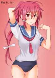 Rule 34 | 1girl, ahoge, anti (untea9), blush, frown, gradient background, hair ornament, hair ribbon, highres, i-168 (kancolle), kantai collection, long hair, looking at viewer, necktie, ponytail, red background, red hair, red necktie, ribbon, school swimsuit, school uniform, serafuku, short sleeves, simple background, solo, swimsuit, swimsuit under clothes, twitter username, upper body, white ribbon, x hair ornament
