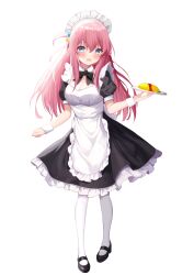 Rule 34 | 1girl, absurdres, apron, black bow, black bowtie, black dress, black footwear, blue eyes, blush, bocchi the rock!, bow, bowtie, collar, cube hair ornament, detached collar, dress, exusiai dust, food, frilled apron, frilled dress, frills, full body, gotoh hitori, hair between eyes, hair ornament, highres, holding, holding tray, long hair, looking at viewer, maid, maid apron, maid headdress, mixed-language commentary, one side up, open mouth, pantyhose, pink hair, puffy short sleeves, puffy sleeves, short sleeves, sidelocks, simple background, solo, standing, sweatdrop, tray, white background, white collar, white pantyhose, white wrist cuffs, wrist cuffs