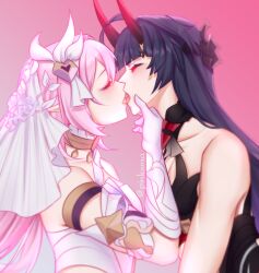 Rule 34 | 2girls, absurdres, ahoge, bare shoulders, black headwear, closed eyes, collarbone, commentary, couple, elysia (herrscher of human:ego) (honkai impact), elysia (honkai impact), english commentary, french kiss, from side, gloves, hand on another&#039;s chin, highres, honkai (series), honkai impact 3rd, horns, japanese clothes, kiss, long hair, multiple girls, oni horns, open mouth, pink hair, pinkuma, raiden mei, raiden mei (herrscher of thunder), red horns, simple background, tongue, twitter username, upper body, white gloves, white headwear, yuri