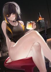 Rule 34 | 1girl, alcohol, assault rifle, bar (place), bare shoulders, blonde hair, blush, breasts, brown eyes, brown hair, cleavage, commentary, competition swimsuit, corrupted twitter file, crossed legs, cup, english commentary, eyepatch, feet out of frame, girls&#039; frontline, glass, gun, headset, highleg, highleg swimsuit, highres, holding, holding cup, indoors, jack daniel&#039;s, large breasts, legs, long hair, looking at viewer, m16, m16a1, m16a1 (girls&#039; frontline), multicolored hair, nine (kanine41), on chair, one-piece swimsuit, rifle, scar, scar on face, sitting, smile, solo, streaked hair, swimsuit, thighs, weapon, wet, whiskey