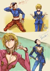 Rule 34 | 2boys, absurdres, alderion-al, angry, animal print, black hair, blonde hair, bruno bucciarati, bruno bucciarati (cosplay), clothing cutout, cosplay, crop top, earrings, english text, giorno giovanna, giorno giovanna (cosplay), guido mista, guido mista (cosplay), hand on own hip, hat, heart cutout, highres, hunter x hunter, jewelry, jojo no kimyou na bouken, kurapika, leorio paladiknight, male focus, midriff, multiple boys, pectoral cleavage, pectorals, red eyes, shrugging, standing, sweater, tiger print, vento aureo, w arms, zipper