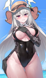 Rule 34 | 1girl, absurdres, black one-piece swimsuit, blue archive, blush, breasts, casual one-piece swimsuit, clenched teeth, covered navel, cowboy shot, detached collar, flower, furrowed brow, gluteal fold, grey hair, groin, halo, hand on own chest, hat, hat flower, highres, horizon, large breasts, long hair, looking at viewer, one-piece swimsuit, open mouth, outdoors, pizza (pizzania company), purple eyes, sakurako (blue archive), shrug (clothing), solo, standing, sun hat, swimsuit, teeth, water, wet