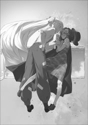 Rule 34 | 2girls, bow, eye contact, female focus, fujiwara no mokou, full body, glasses, gradient background, greyscale, hair bow, hand in pocket, hat, holding another&#039;s wrist, kneehighs, looking at another, monochrome, multiple girls, pants, plaid, plaid skirt, shoes, short sleeves, skirt, socks, suspenders, touhou, usami sumireko, yamamomo (plank)