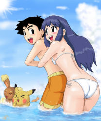 Rule 34 | 1boy, 2girls, ash ketchum, ass, bikini, black hair, blue hair, blush, buneary, couple, creatures (company), dawn (pokemon), game freak, gen 1 pokemon, gen 4 pokemon, gouguru, long hair, misty (pokemon), multiple girls, nintendo, pikachu, pokemon, pokemon (anime), pokemon (creature), swimsuit