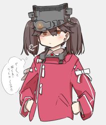 Rule 34 | 1girl, puff of air, brown eyes, brown hair, grey background, hands on own hips, highres, japanese clothes, kantai collection, kariginu, looking at viewer, namakura neo, ryuujou (kancolle), simple background, solo, translation request, twintails, upper body, visor cap
