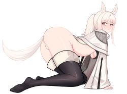 Rule 34 | 1girl, all fours, animal ears, arknights, ass, black thighhighs, blunt bangs, blush, boxz (buxuanzhen), breasts, brown eyes, closed mouth, from side, full body, highres, horse ears, horse girl, long hair, long sleeves, looking to the side, medium breasts, no pants, no shoes, panties, platinum (arknights), ponytail, sidelocks, simple background, smile, solo, sports bra, thighhighs, underboob, underwear, white background, white hair, white panties, wide sleeves