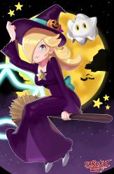 Rule 34 | 1girl, absurdres, adjusting clothes, adjusting headwear, arm up, artist name, bat (animal), black eyes, blank eyes, blonde hair, blue eyes, blush, breasts, broom, broom riding, closed mouth, cloud, collarbone, dress, earrings, female focus, floating, full body, full moon, ghost costume, glowing, gradient sky, grey footwear, hair flaps, hair over one eye, halloween, happy, hat, hat ornament, high heels, highres, jewelry, legs together, light blush, lipstick, long dress, long hair, long sleeves, looking at viewer, luma (mario), magic circle, makeup, mario (series), mario kart, mario kart tour, medium breasts, moon, night, night sky, nintendo, official alternate costume, one eye covered, outdoors, outline, purple dress, purple headwear, purple sky, rosalina, rosalina (halloween), sarukaiwolf, shoes, sidesaddle, signature, sitting, sky, smile, solo focus, star (sky), star (symbol), star earrings, white outline, witch, witch hat