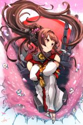 Rule 34 | 1girl, breasts, brown eyes, brown hair, closed mouth, floating hair, flower, hair flower, hair ornament, headgear, highres, holding, kantai collection, large breasts, long hair, machinery, petals, pink flower, ponytail, rigging, sakuramon, sidelocks, signature, solo, sunday aki, turret, upper body, very long hair, water drop, yamato (kancolle)